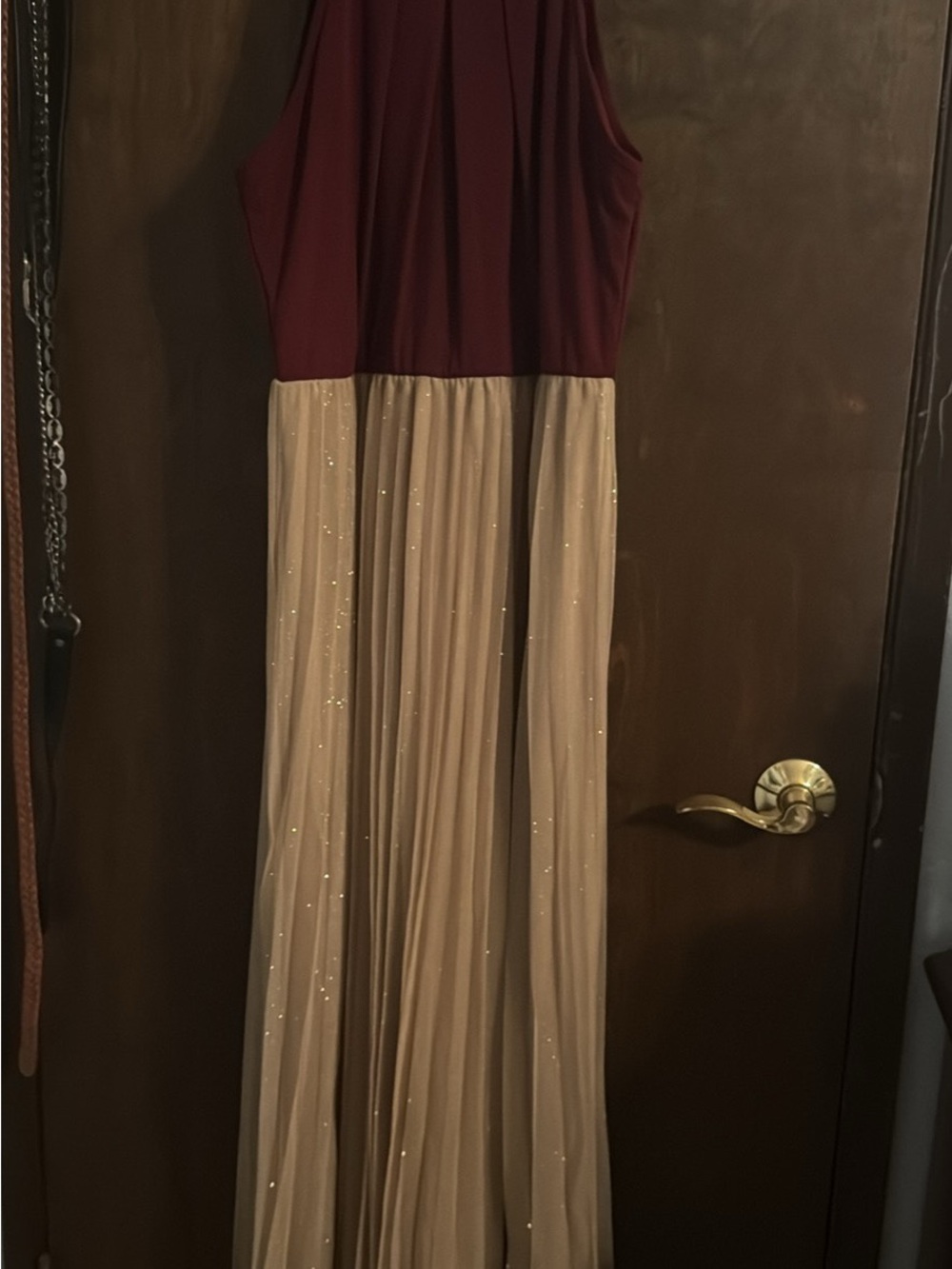 Maroon and Champagne Two-Tone Pleated Maxi Skirt